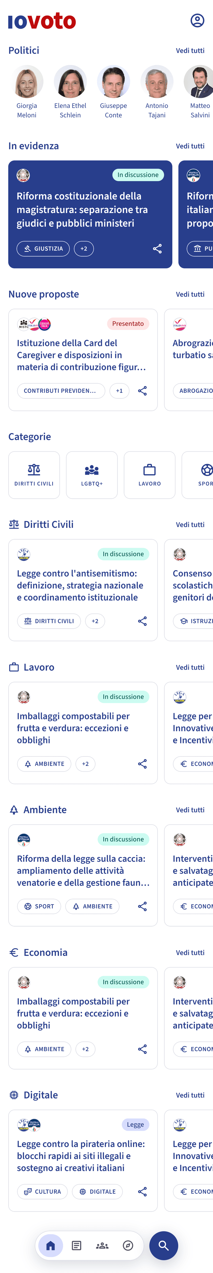 Home dell'app IoVoto: politici, progetti di legge in evidenza e nuove proposte